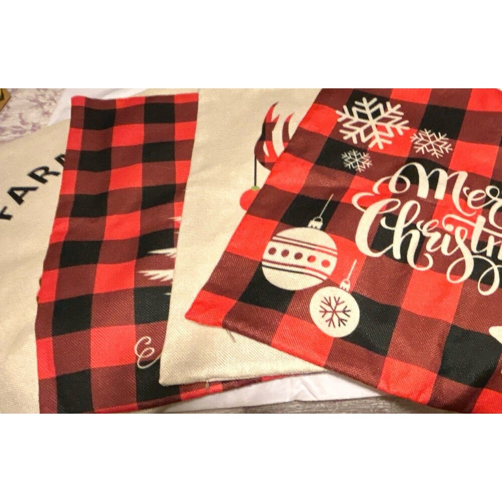Set of 4 Christmas Buffalo Plaid Farmhouse Square Pillow Covers, Tree/Deer